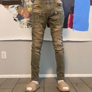 Embellish Olive Distressed Biker Denim